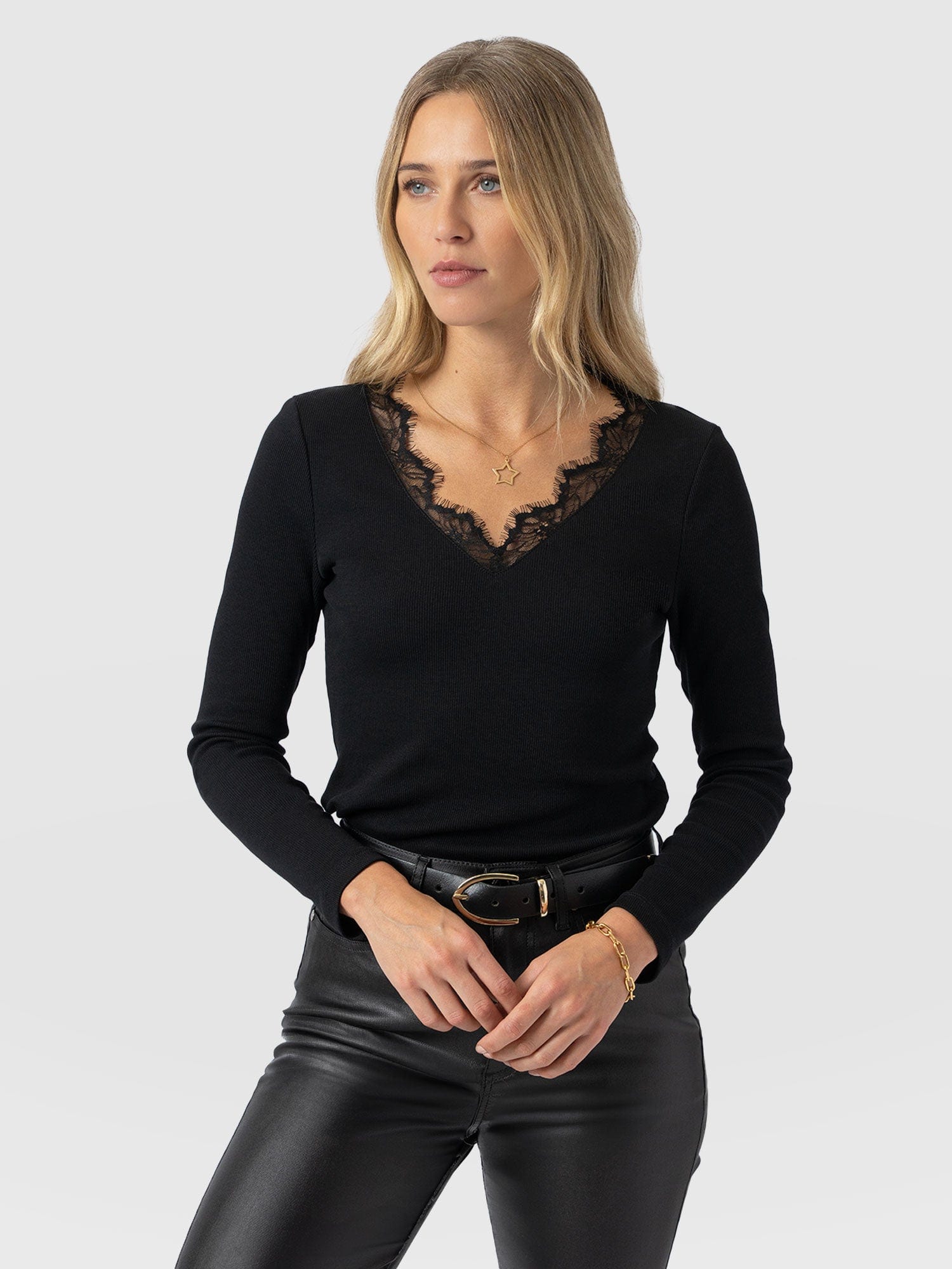 Andie V Neck Long Sleeve Tee - Black Lace - Women's T-shirts | Saint + Sofia® USA